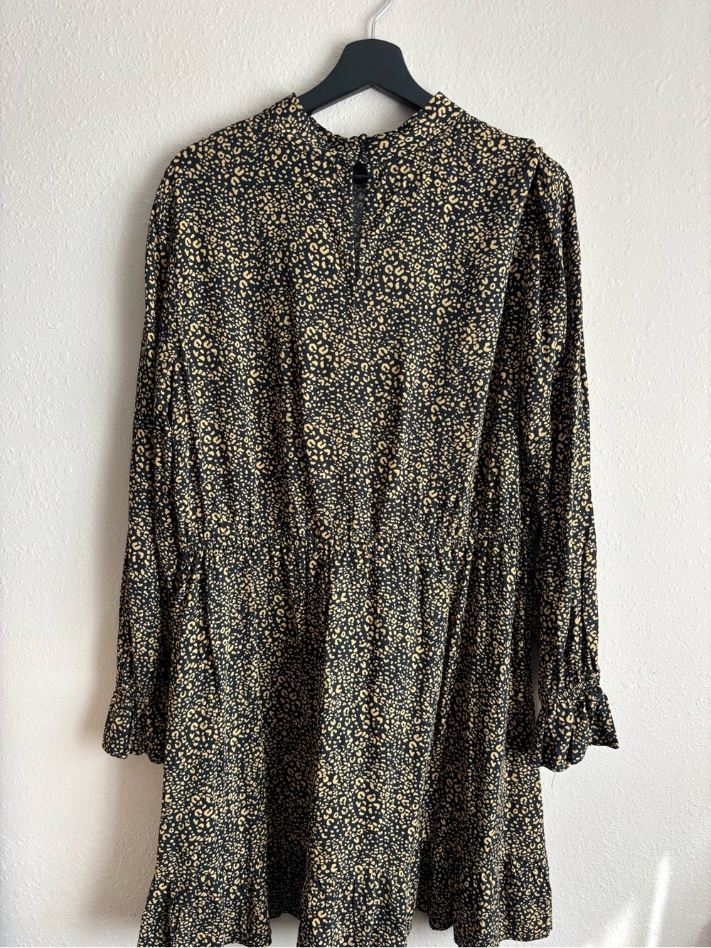 Black and Tan Printed Long-Sleeve Tiered Mini Dress